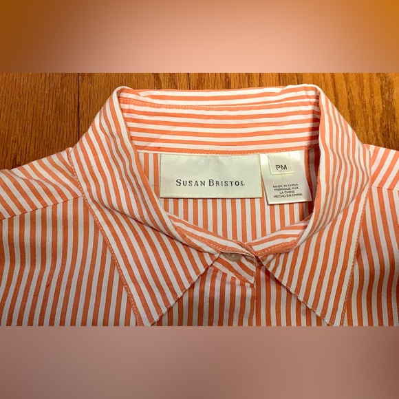Vtg Women’s Petite Medium Button Front Orange White Striped Susan Bristol Shirt - Picture 4 of 13